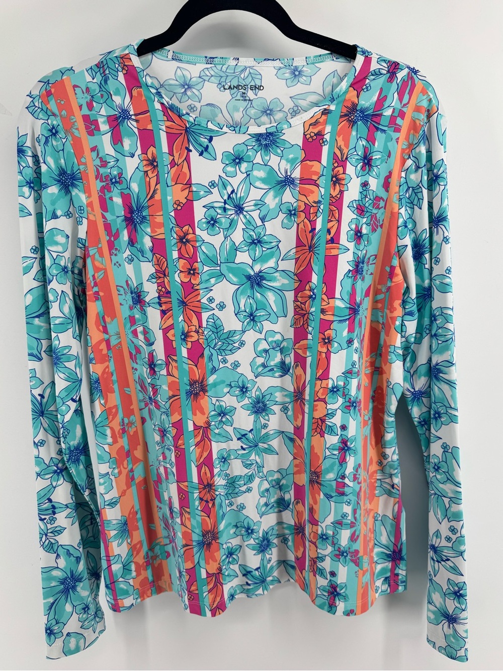 Lands' End Long-Sleeve Rash Guard Floral Stripe Swim Top Women's Sz 10-12